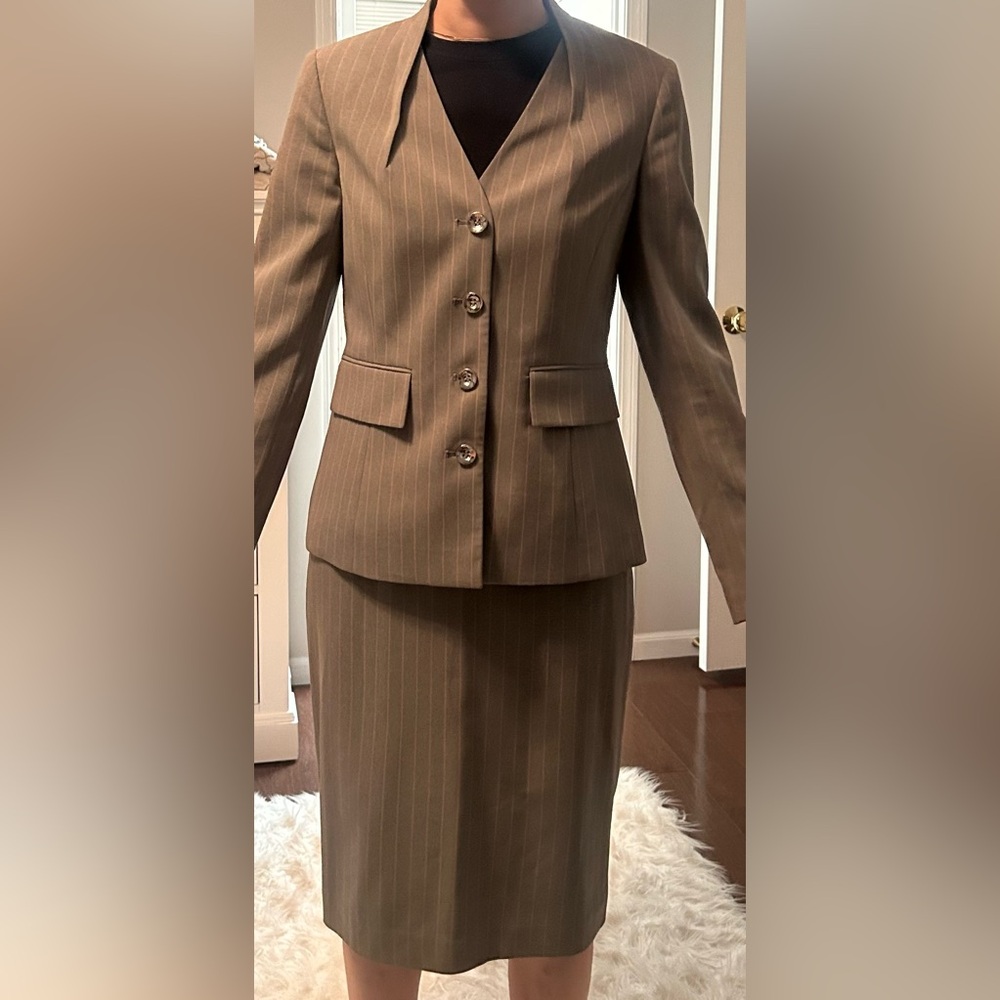 Grey with Pink Pinstripe Tahari Skirt Suit